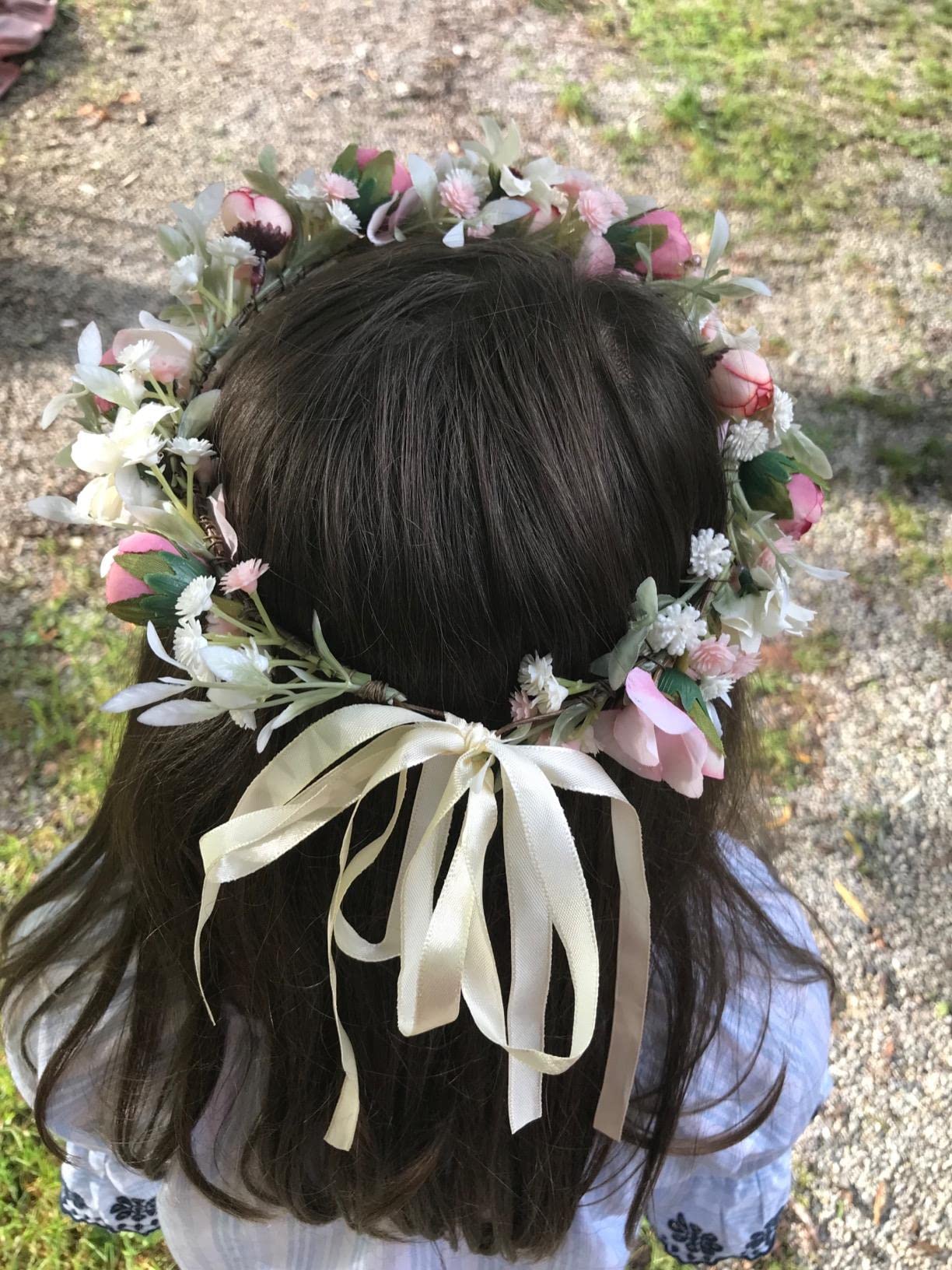 Floral Fall Camellia Flower Crown Rose Headpiece Wedding Bridal Flower Girl Halo Maternity Photo Props FL-03 (Pink Flower with B