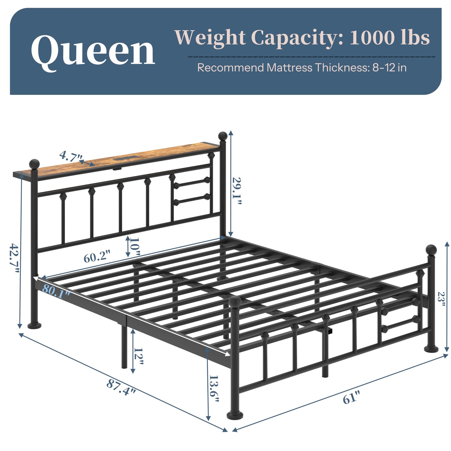 ChicZhiNest Queen Bed Frame with Charging Station & LED Lights, Noise Free Metal Platform Queen Size Bed Frames with Victorian Headboard and Storage Shelf, No Box Spring Needed, Easy Assembly, Black