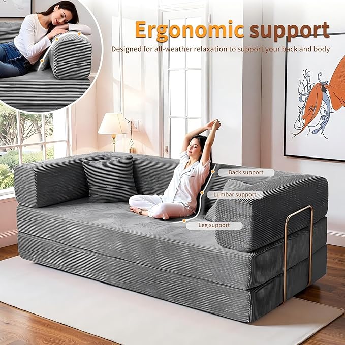 Kelyda 79 Inch Convertible Sofa Bed Couch in Box, 5 in 1 Folding Modular Boneless Couch with Pull Out Bed 2 Pillows, Soft Corduroy Floor Futon Lounge Loveseat Sleeper Lazy Cama No Assembly Light Grey