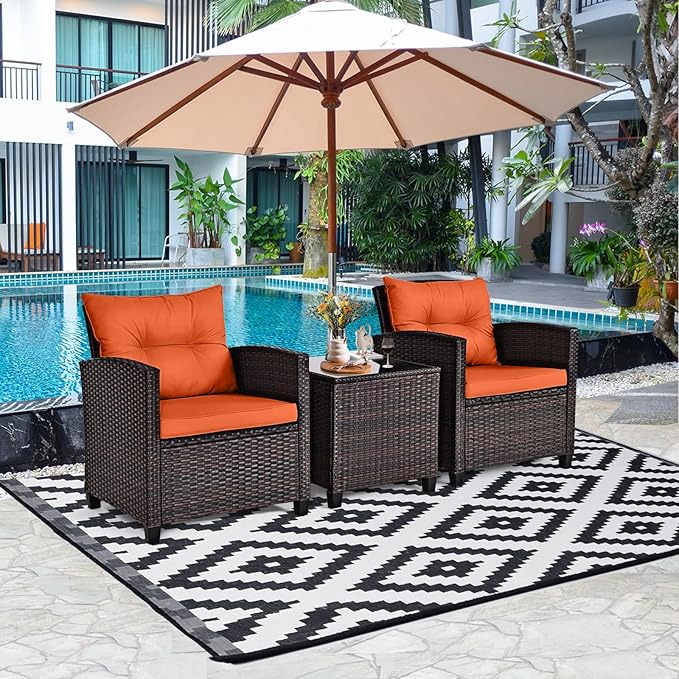 ORALNER 3 Pieces Patio Furniture Set, Outdoor Wicker Conversation Set Rattan Chairs with Cushions, Glass Coffee Table, Bistro Set for Front Porch Balcony Garden Deck Poolside (Orange)
