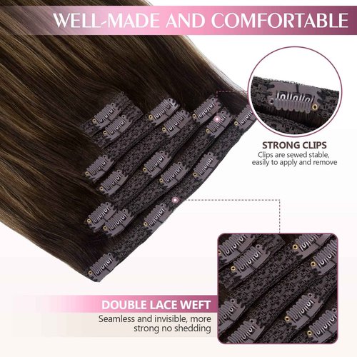 Fimislosion Real Hair Extensions Clip in Human Hair, Seamless Clip in Hair Extensions Real Human Hair, 18 Inch Clip ins extensions for women, Balayage Dark Brown to Middle Brown 120G 7Pcs