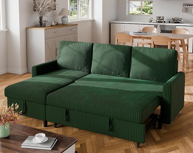 Nuturelly Sectional Sofa Couch Bed L Shaped Sleeper Sofa Bed Pull Out Bed with Storage, Reversible Sectional Couches for Living Room, Apartment, Office(Green)