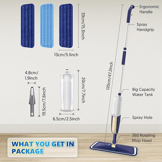 Spray Mops for Hardwood Floor Cleaning - MEXERRIS Wet Mops Dry Dust Mop with 3 Washable Mopping Pads- Flat Mop with Sprayer Home Commercial Use for Wood Laminate Tile Vinyl Cement Concrete