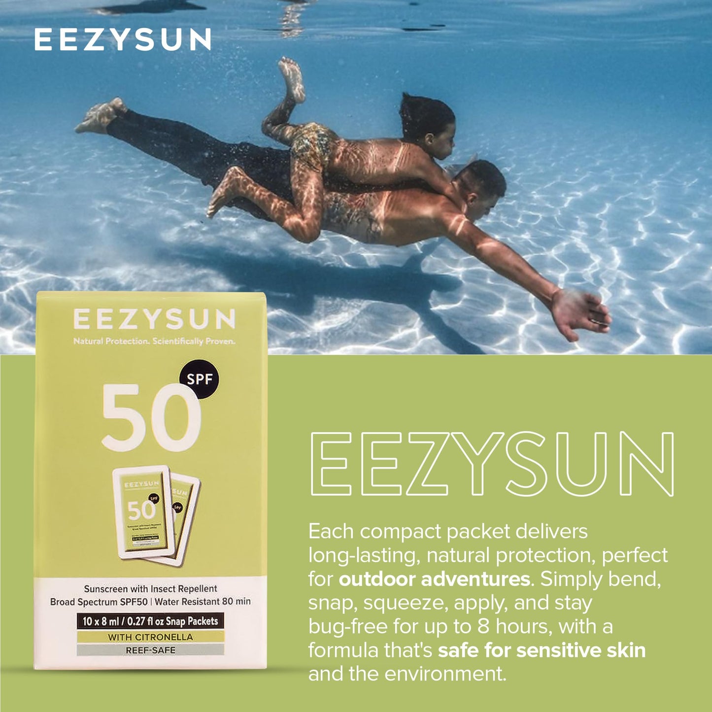 EEZYSUN SPF 50 Sunscreen and Insect Repellent Snap Packets - Sunscreen Travel Size Bug Repellent with Citronella Oil, Lemongrass