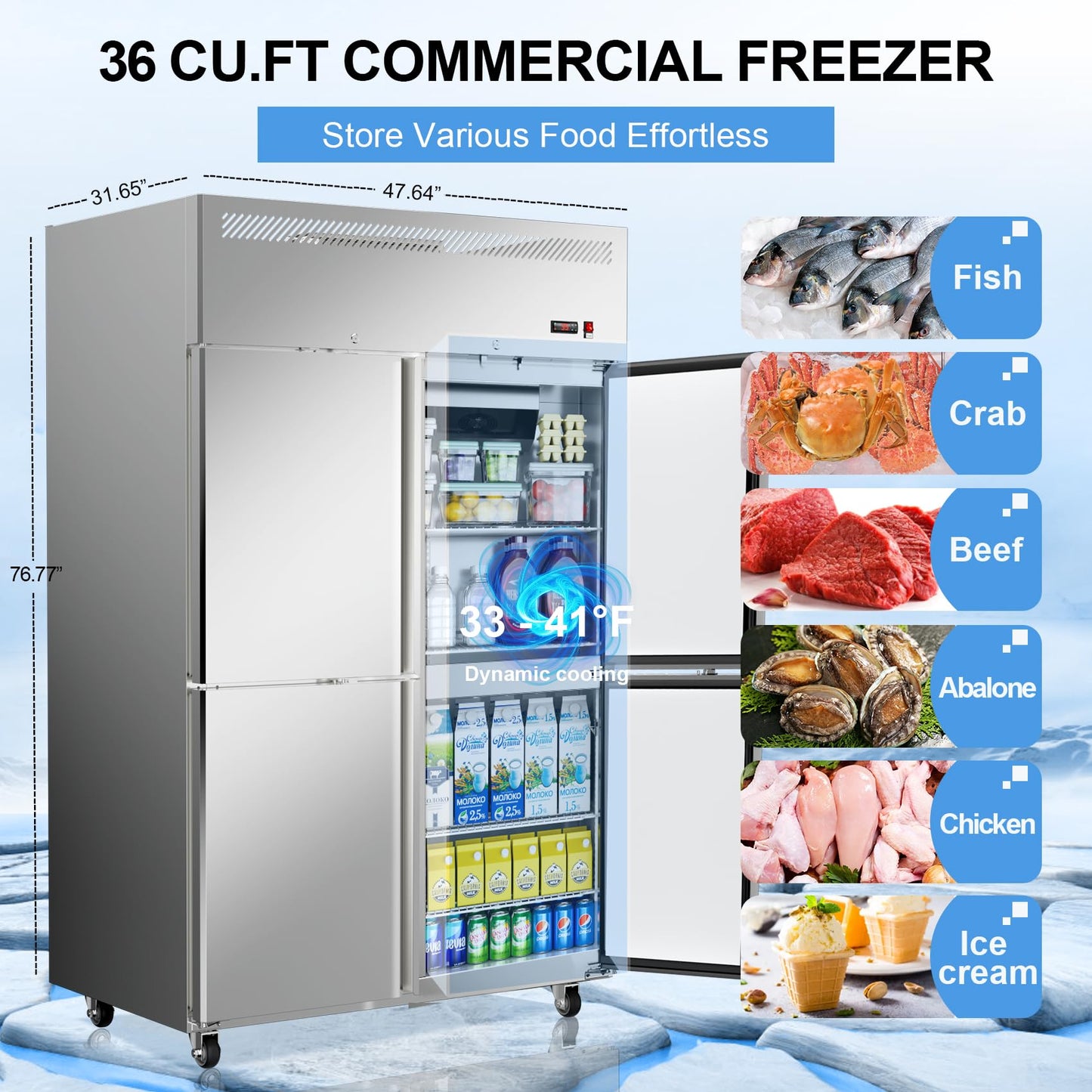 Commercial Refrigerator 48"W 4 Door Stainless Steel Reach-in Solid Door Upright Fridge Fan Cooling 36 Cu.ft Refrigerators 33-41°F for Restaurant, Bar, Shop