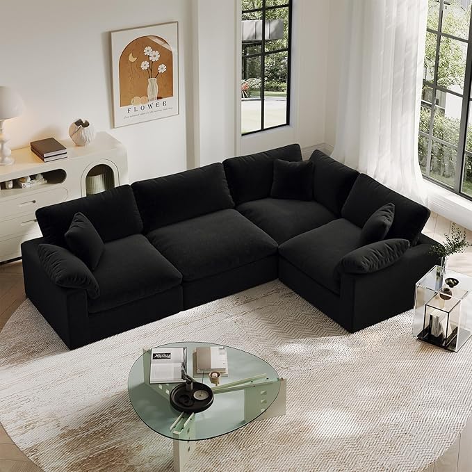 Intuition Decor Cloud Modular Sectional Sofa,189.4" Down Filled Sofa 4 Seat with Chaise,Minimalist Sofa Cover Washable and Replaceable Couches for Living Room,Sectional Sofa Deep Seat Black
