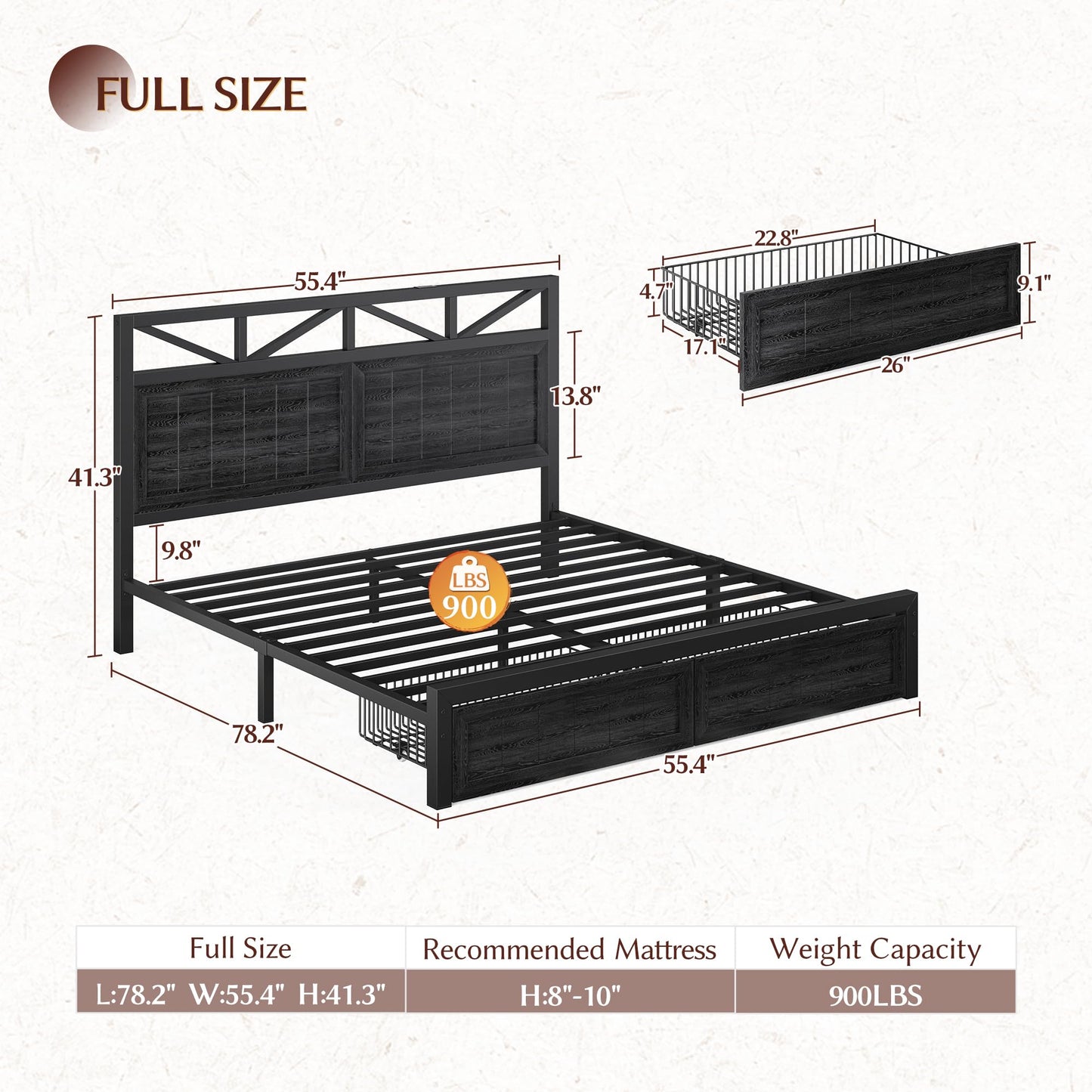 EnHomee Full Size Bed Frame with 2 Storage Drawers and Headboard Built in Charging Station & LED Light,NO Noise,No Box Spring Needed,Black
