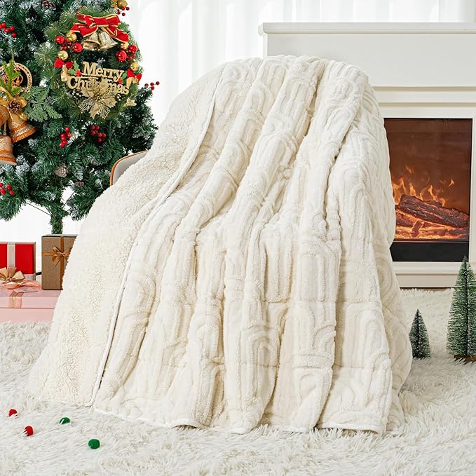 Cottonblue Jacquard Weighted Blanket for Adults 20 lbs Queen Size, Soft Fluffy Sherpa Fleece Weighted Throw Blankets 60" x 80" for Sleep Relax, Fuzzy Warm Arch Heavy Blanket for Bed Couch, Cream White