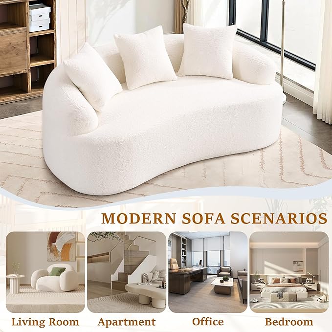 65'' Modern Curved Cloud Loveseat Sectional Sofa for Small Spaces, Luxury Plush Chenille Deep Seat Couch with 3 Pillows, No Assembly Needed Apartment Living Room Furniture, Beige