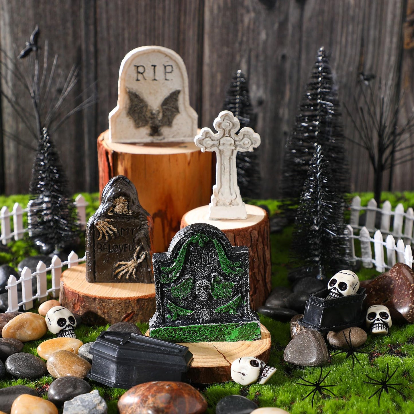Liliful 32 Pcs Halloween Village Accessories Ornaments Set Spooky Halloween Town Tombstones Skeleton Tiny Trees Fake Spiders Decor Village Set for Party Town Decorations