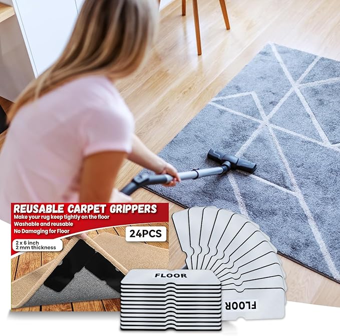 Rug Carpet Non Slip Grippers, Reusable Double Sided Carpet Tape Pads, Strong Adhesive Grippers for Area Rugs, Keep Corners Flat, No Damaging for Floor Removable, 8Pcs