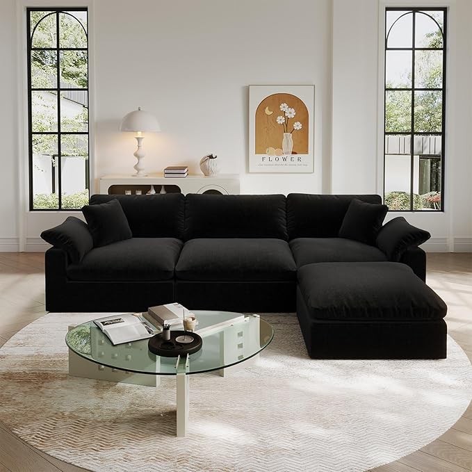 Intuition Decor Oversize Cloud Modular Sectional Sofa,110.8" L Shape 3 Seaters with Chaise Down Filled Comfort Sofa Detachable Couch Cushion Covers for Living Room,Black