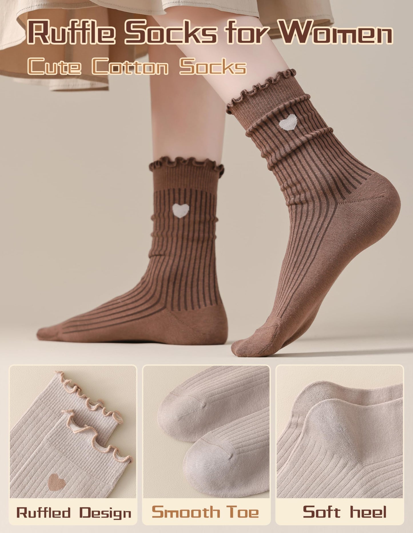 AIVEI Ruffle Socks Woman Frilly Cute Cozy Cotton Heart Aesthetic Neutral Dress Boot Crew Ankle Socks 6 Pairs, Gifts for Women Girls Mother