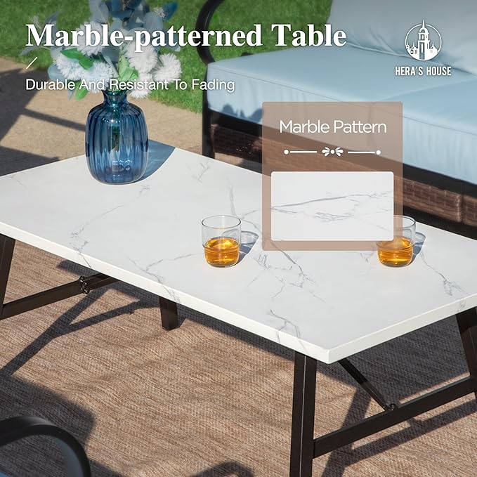 HERA'S HOUSE 4 Piece Metal Patio Furniture Set, All Weather Outdoor Conversation Set with 3 Seat Sofa, 2 x Cushioned Fixed Chair & Coffee Table, Seats 5 for Backyard, Garden, Deck, Blue