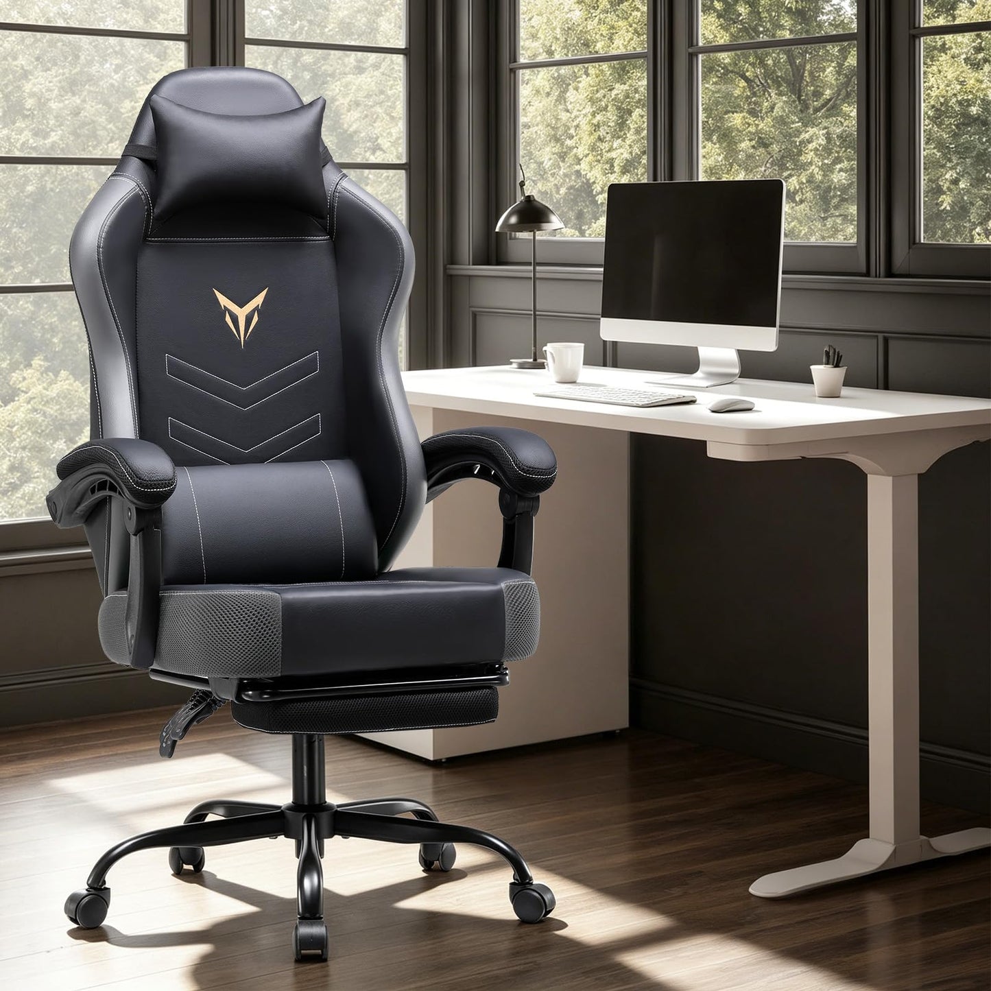 GTPLAYER Gaming Chair, Office Chair High Back Computer Chair with Foot Rest for Adults, Leather Desk Chair Executive Ergonomic Height Adjustable with Headrest and Lumbar Support, 300lbs Grey