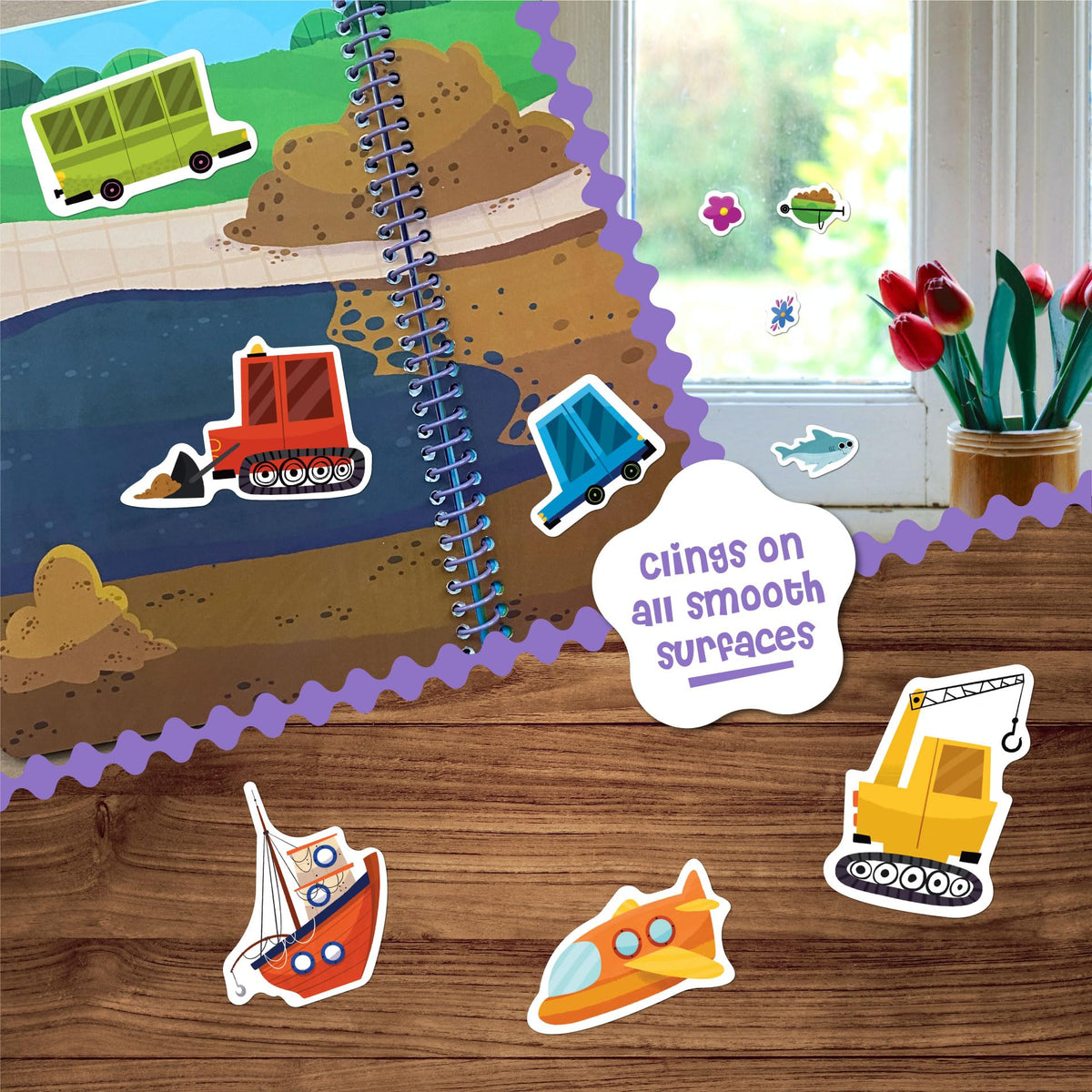 Stick4Ever Jelly Sticker Book - for Kids - Waterproof, Easy to Clean Jelly Stickers for Kids - Reusable Sticker Book for Toddlers with 50 Pcs of Reusable Stickers (Vehicles)