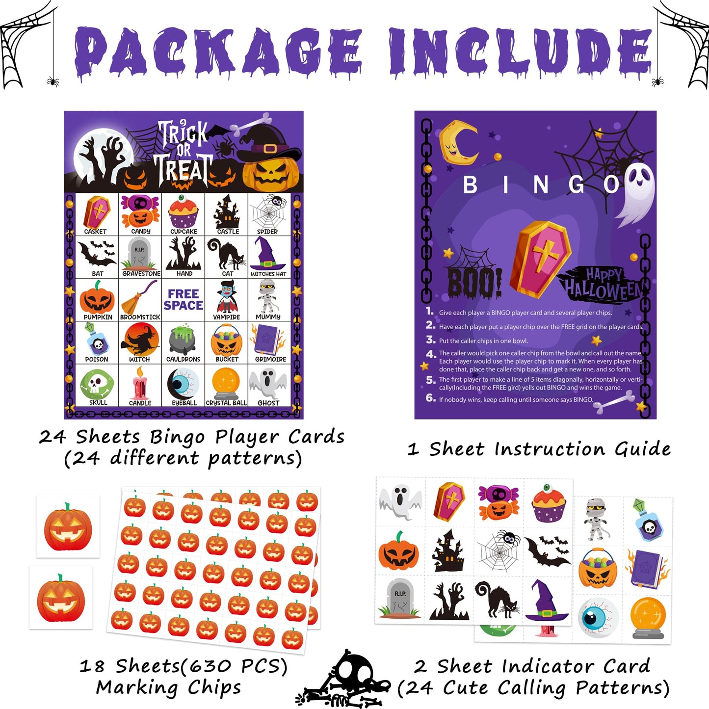 Yoqipati 45PCS Halloween Bingo Game Cards for 24 Players Halloween Bingo Games for Family and Large Group Parties Halloween Party Favors