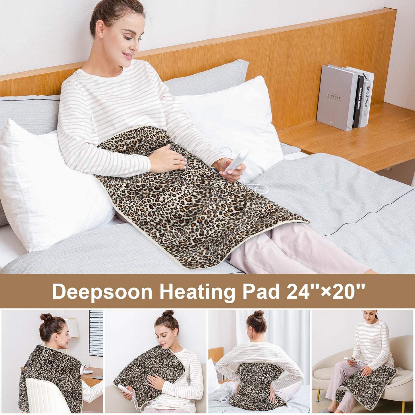 Deepsoon Heating Pad,Electric Heating Pads for Back,Neck,Abdomen,Moist Heating Pad for Shoulder,Knee,Arms,Legs,Dry/Moist Heat & Auto Shut Off,Christmas Gifts for Men and Women,Leopard Print,24x20 Inch
