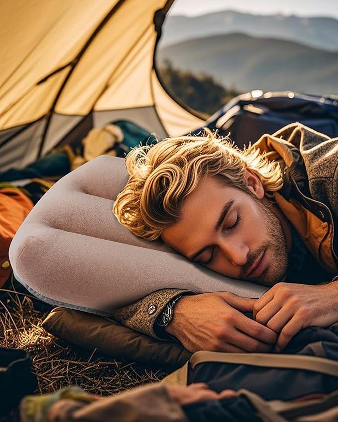 Kampair Ultralight Inflatable Camping Pillow for Sleeping – Soft Velvet Cover, Compact & Portable, Ergonomic Neck Support, Machine Washable Air Pillow, Perfect for Travel, Hiking, Backpacking – Brown