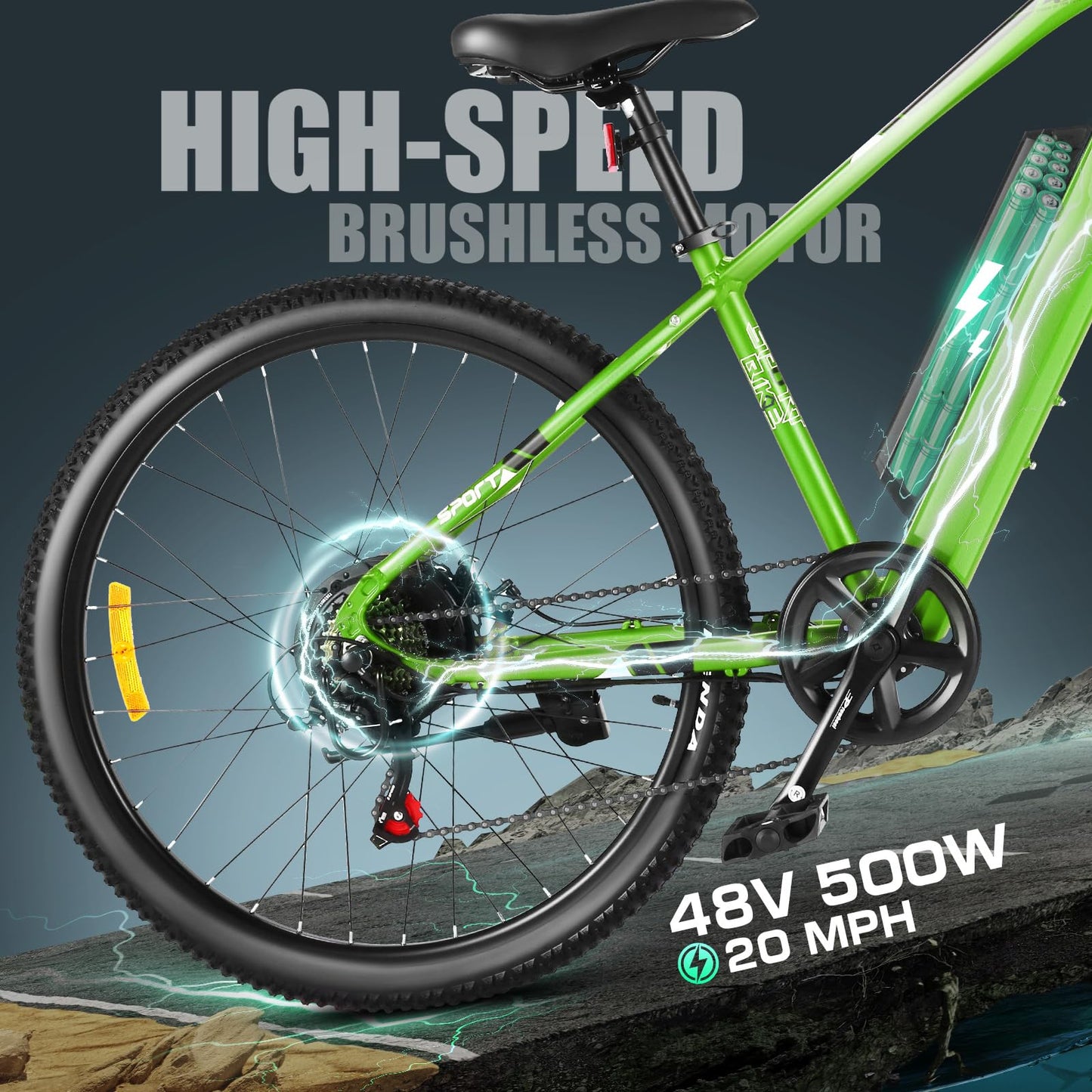 ANCHEER 27.5" Electric Mountain Bike, 750W Motor, 60 Mile Range, 48V/499Wh Removable Battery, LCD Display, Adult eBike, Green