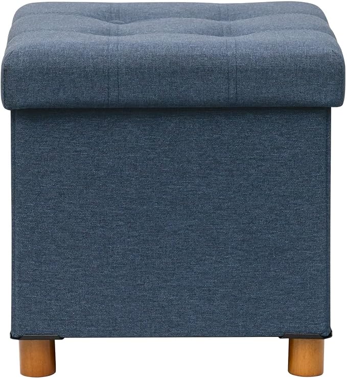 PINPLUS Storage Ottoman Cube, White Linen Footrest with Wooden Legs, Foldable Fabric Footrest, Comfortable Seat with Lid, Ottoman with Storage for Living Room, 15" x 15" x 15",Blue