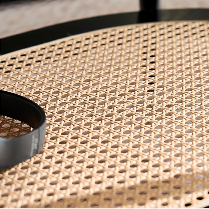 Saint Mossi Oval Wood and Rattan Coffee Table for Living Room, Mid-Century Modern Wood Coffee Table, Center Table for Small Space, Black and Rattan Board, D47xW23.6xH15