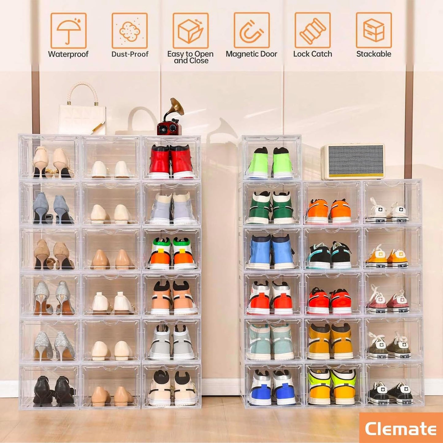 Clemate Upgraded X-Large Shoe Organizer,Shoe Storage Organizer,12 Pack,Shoe Box Clear Plastic Stackable,Drop Front Shoe Box with Clear Door, Shoe Containers For Sneaker Display,Fit up to US Size13