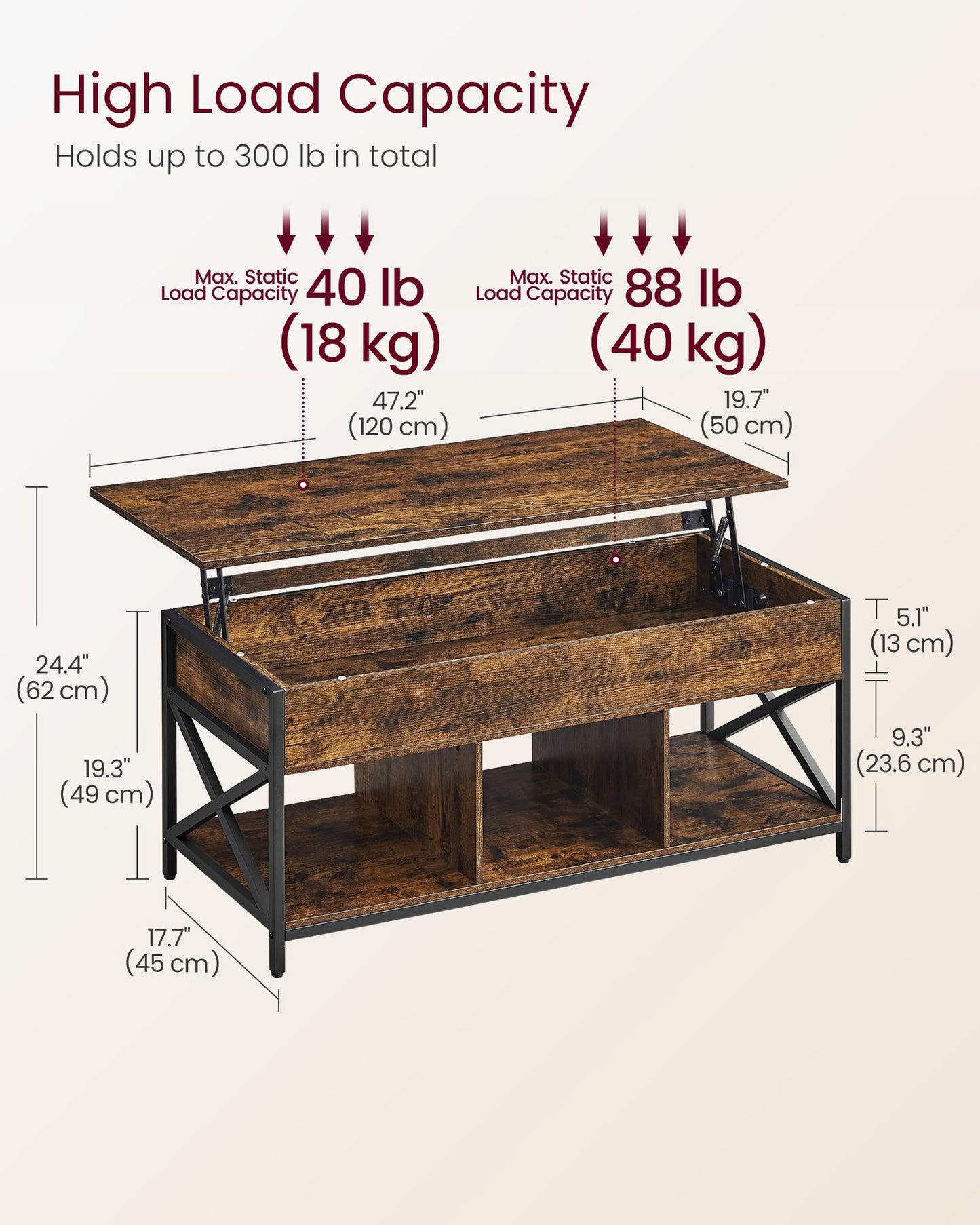 VASAGLE Lift Top Coffee Table, Lift Coffee Table with Storage Shelf, Hidden Compartments and Lifting Top, for Living Room, Office, 19.7 x 47.2 x (19.3-24.4) Inches, Rustic Brown and Black ULCT212B01