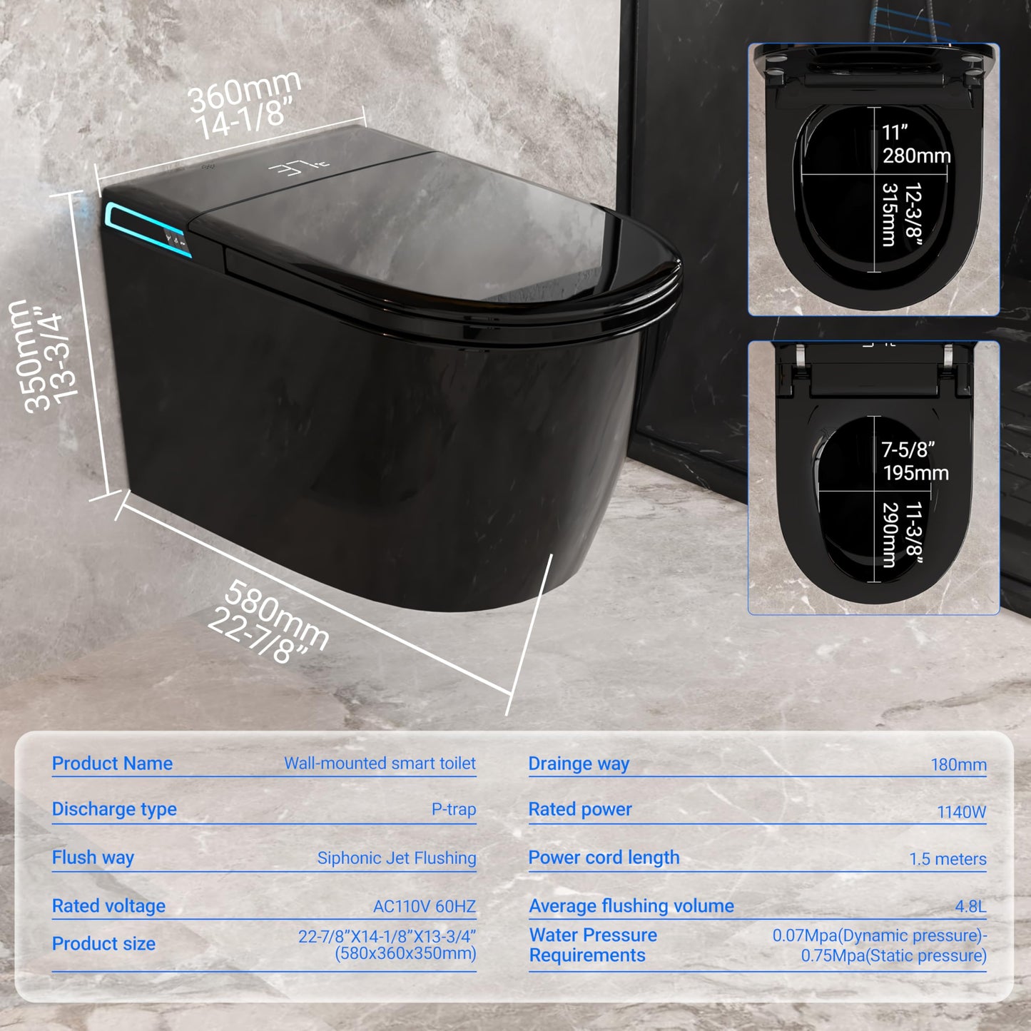 SmartSylva Black Smart Wall Hung Toilet Combo,Auto Flush, Auto Open/Close LId,Heated Seat,Warm Water/Dryer, Modern Elongated Bidet Toilet with In wall Carrier (No need to buy an additional Water Tank)