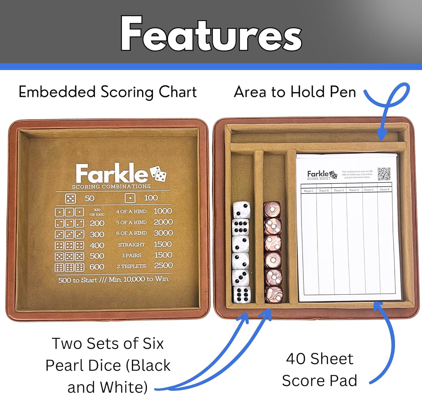 Luck Lab Farkle Dice Tray and Storage Case - Includes Embedded Scoring Combinations, 2 Sets of 6 Pearl Dice, 40 Sheet Score Pad and Pen Holder for The Classic Family Game (Brown)