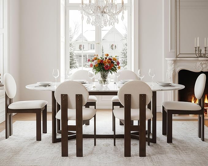 Modern Wood Dining Chairs Set of 6, Farmhouse White Boucle Kitchen Chairs with Round Back and Wooden Walnut Legs, Mid-Century Armless Upholstered Accent Chairs for Dining Room/Living Room/Restaurant