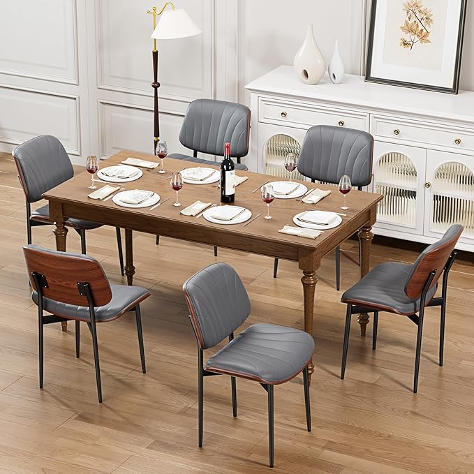 YaFiti Dining Chairs Set of 2, Dining Room and Kitchen Chairs, Mid Century Modern Accent Chair, Upholstered PU Leather Chairs for Vanity with Walnut Bentwood and Metal Legs, Gray