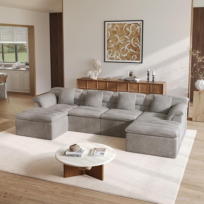 SUNG7 142" Modular Sofa with Ottoman, Boneless Cloud Couch with Deep Seat, Comfy U-Shape Corduroy Couches for Living Room, No Assembly Required, Light Gray