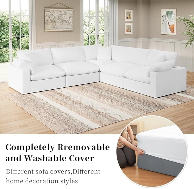 Intuition Decor Modular Sectional Sofa Cloud Couch,Down Filled Comfy Cloud Modern Sofa,White Linen V Shape 5 Seater Oversized Couch Cushion Covers Removable for Living Room