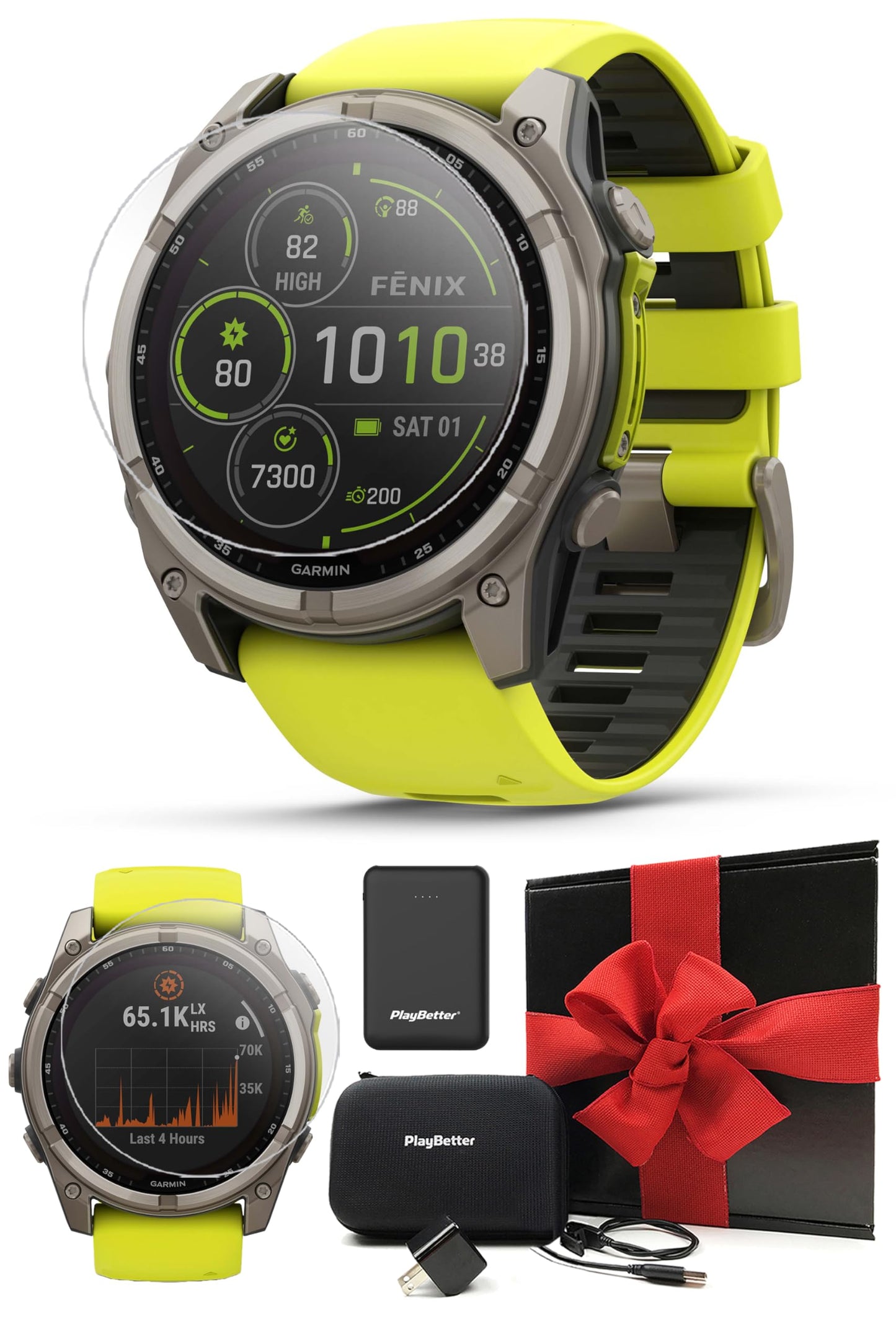 Garmin Fenix 8 Solar Sapphire (51mm, Titanium/Amp Yellow) Multisport GPS Smartwatch Gift Box Bundle - 1.4 Touchscreen, Built-in