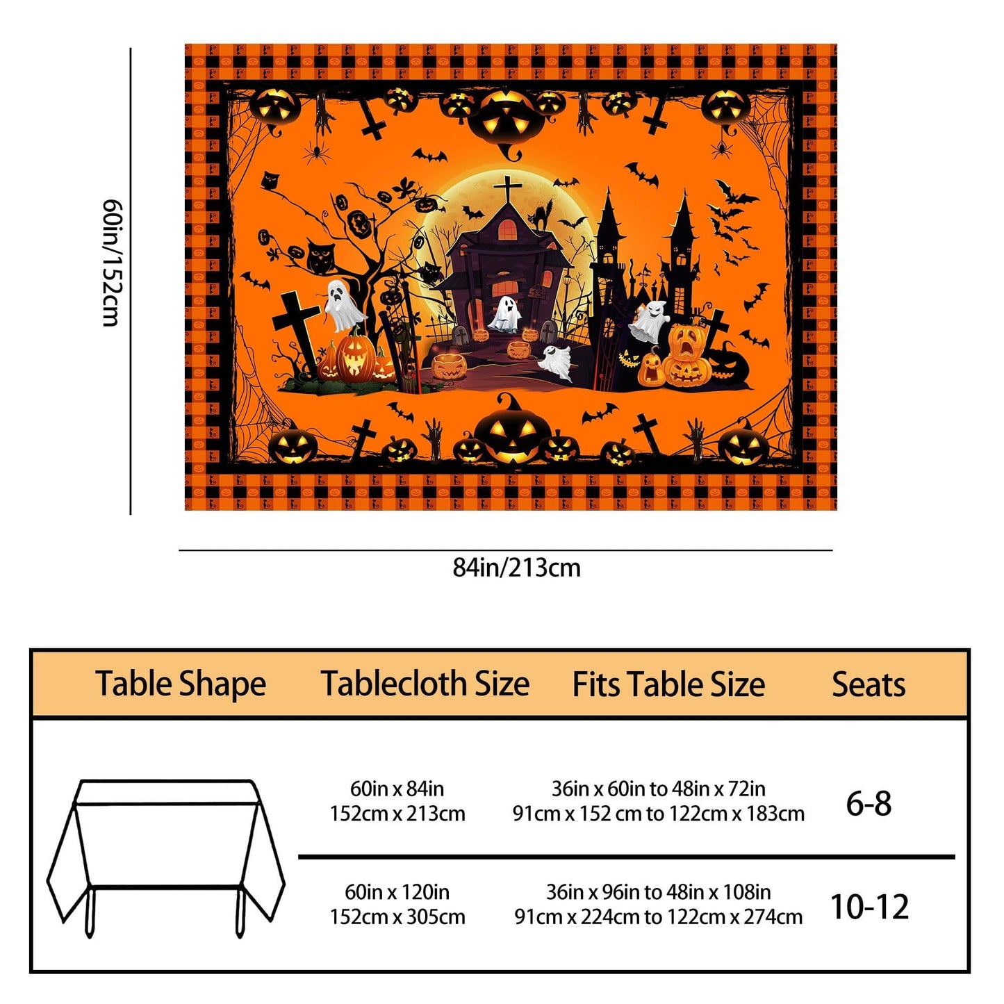 Hexagram Halloween Tablecloth 60 x 84 Inches Rectangle, Halloween Table Cloth Rectangular, Pumpkin Castle Ghost Tablecloths for Home Kitchen Dining Decor
