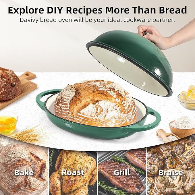 Davivy 6QT Enameled Oval Dutch Oven for Sourdough Bread Baking with Lid, Oval Cast Iron Bread Pan with Silicone Baking Mat, Cast Iron Sourdough Baking Pan - Forest Green