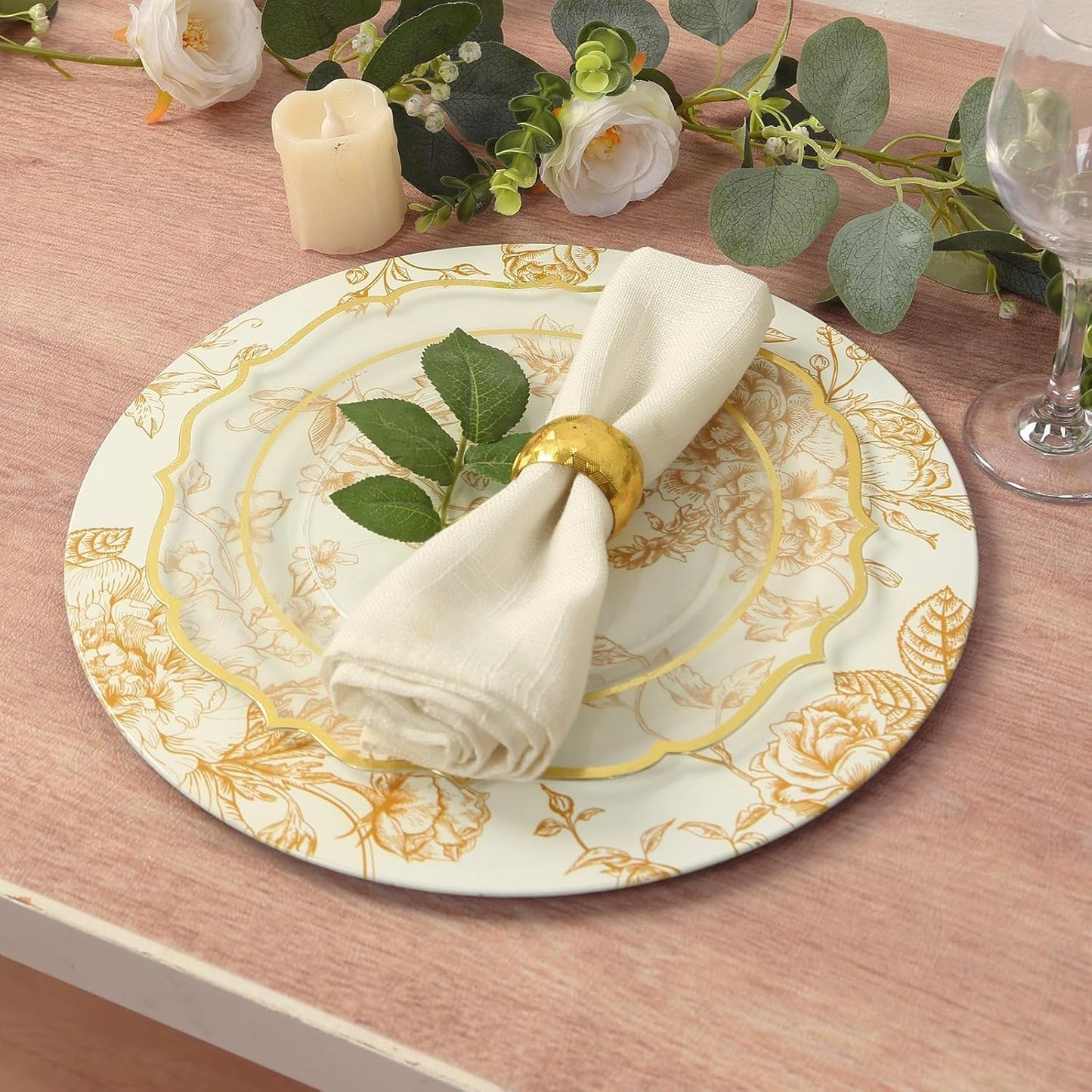 Efavormart 6 Pack White Gold Floral Acrylic Charger Plates in French Toile Pattern, Round Dinner Charger Event Tabletop Decor - 13"