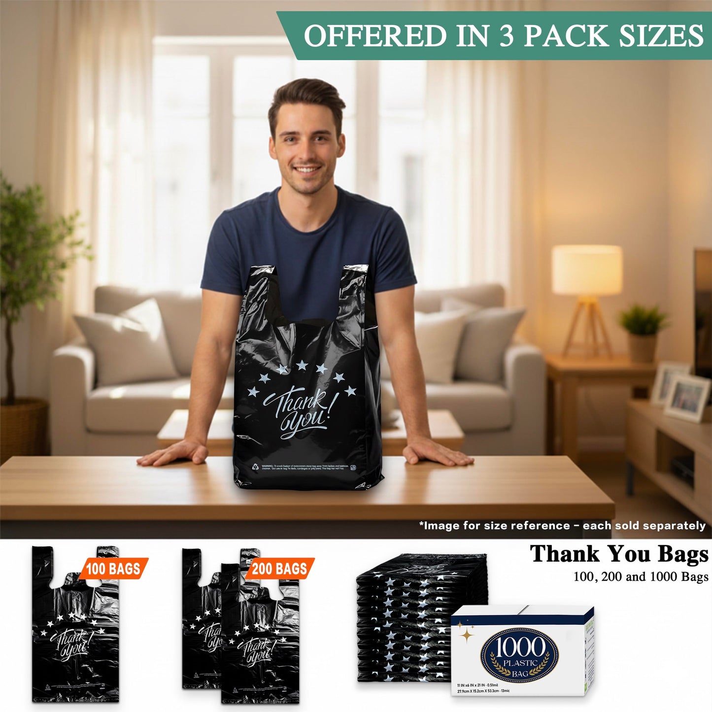 YoYoRain Black Thank you T shirt bag, Grocery shopping bag Reusable and Disposable Supermarket Bag 11''x6''x21'' 100PCS