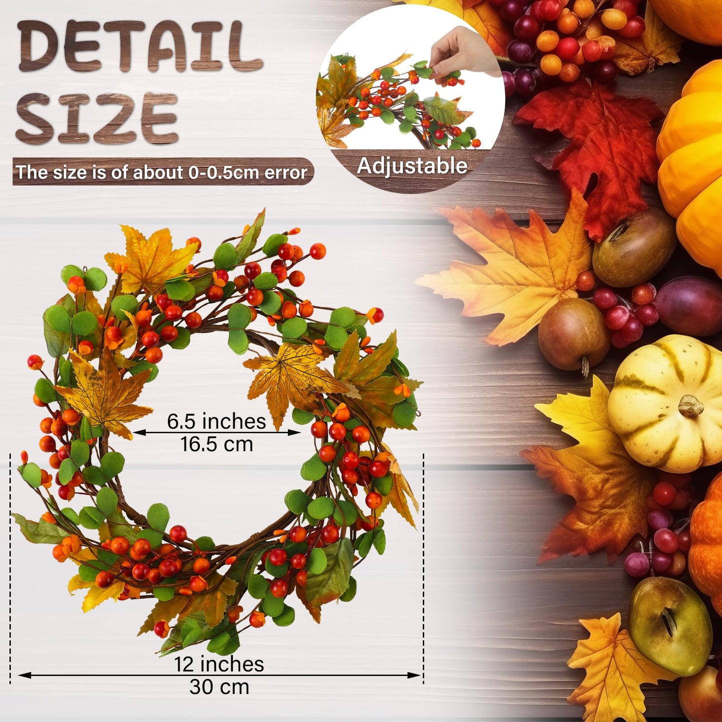 FineCheer 1 Pcs 6.5'' Inner 12" Outer Fall Candle Rings Artificial Maple Leaves Berries Garland for Candlestick Autumn Wreath Candle Holders for Fall Thanksgiving Halloween Table Centerpiece Decor