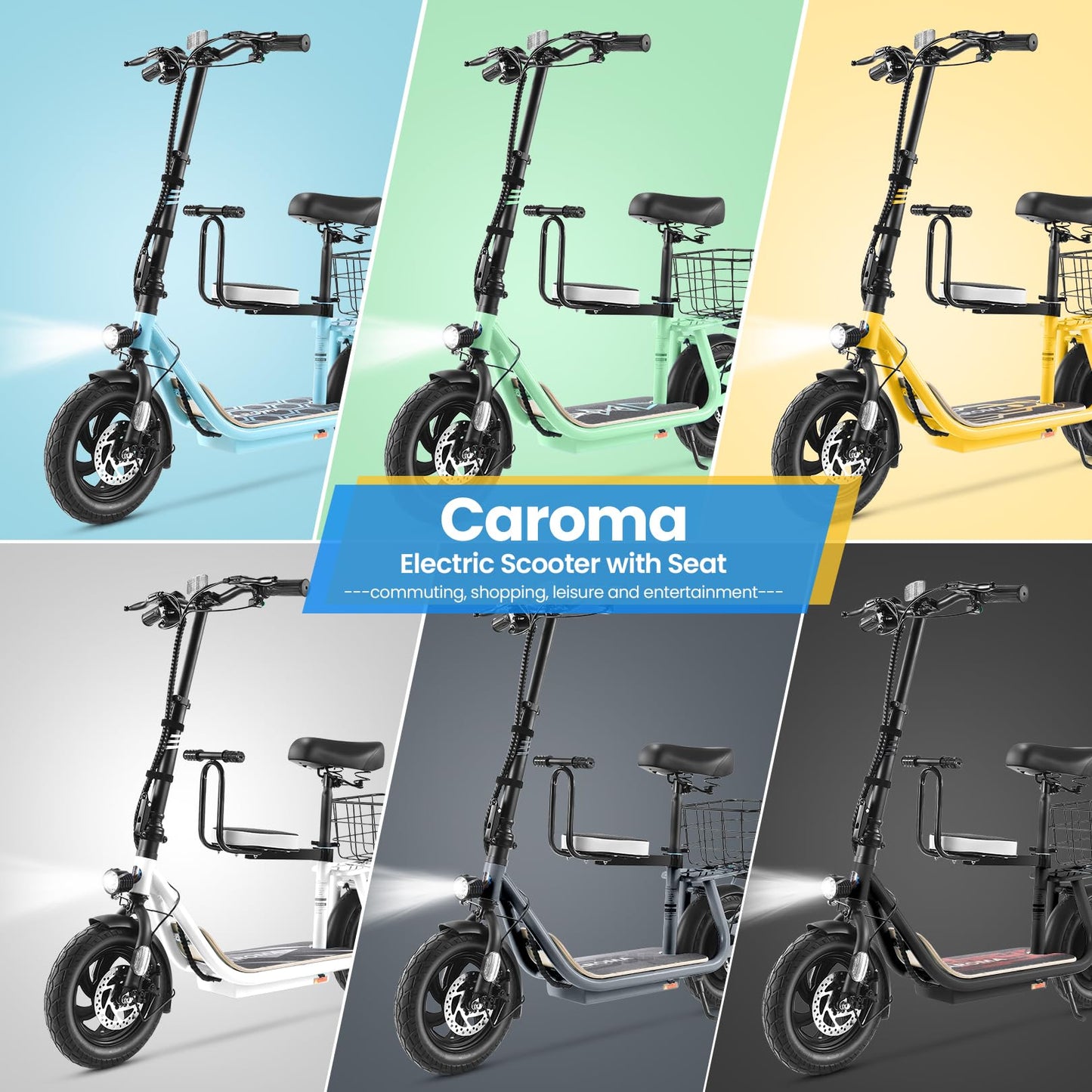 Caroma Peak 1200W Electric Scooter with Seat, Electric Scooter Adults with 12" Shock-Absorbing Tires, 500Wh Battery up to 30 Miles&20MPH, Foldable Electric Bike with Seat for Commuting(White)