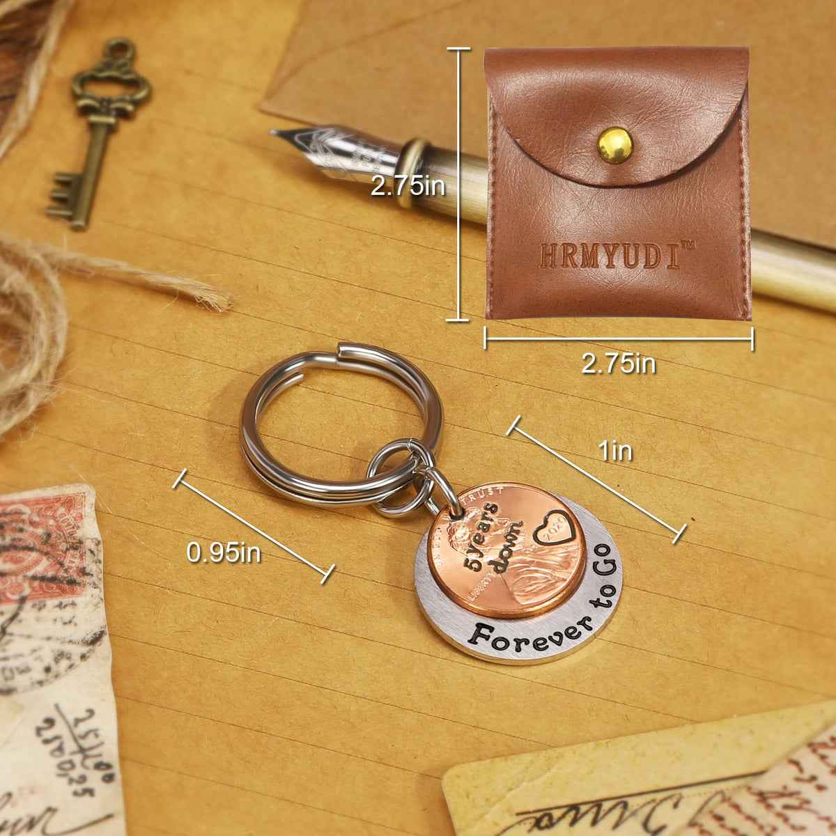 HRMYUDI 5 Years Anniversary Wood Wedding Gift for Man Woman, Coin Keychain with a 2020 Penny, 5 Years Down and Forever To Go, Fifth Wood Wedding Anniversary Presents for Him Her