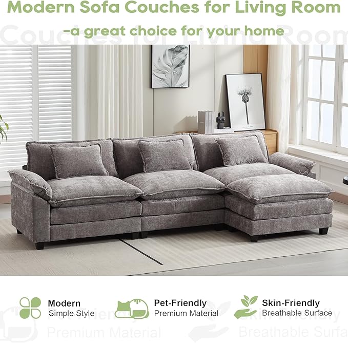 Oprisen 120" Modular Sectional Sofa, Comfy Cloud Couch Sectional Sofa with Ottoman, Chenille Sofa Sleeper Deep Seat Sofa with Throw Pillows for Living Room (Light Gray, 120"- L Shape)