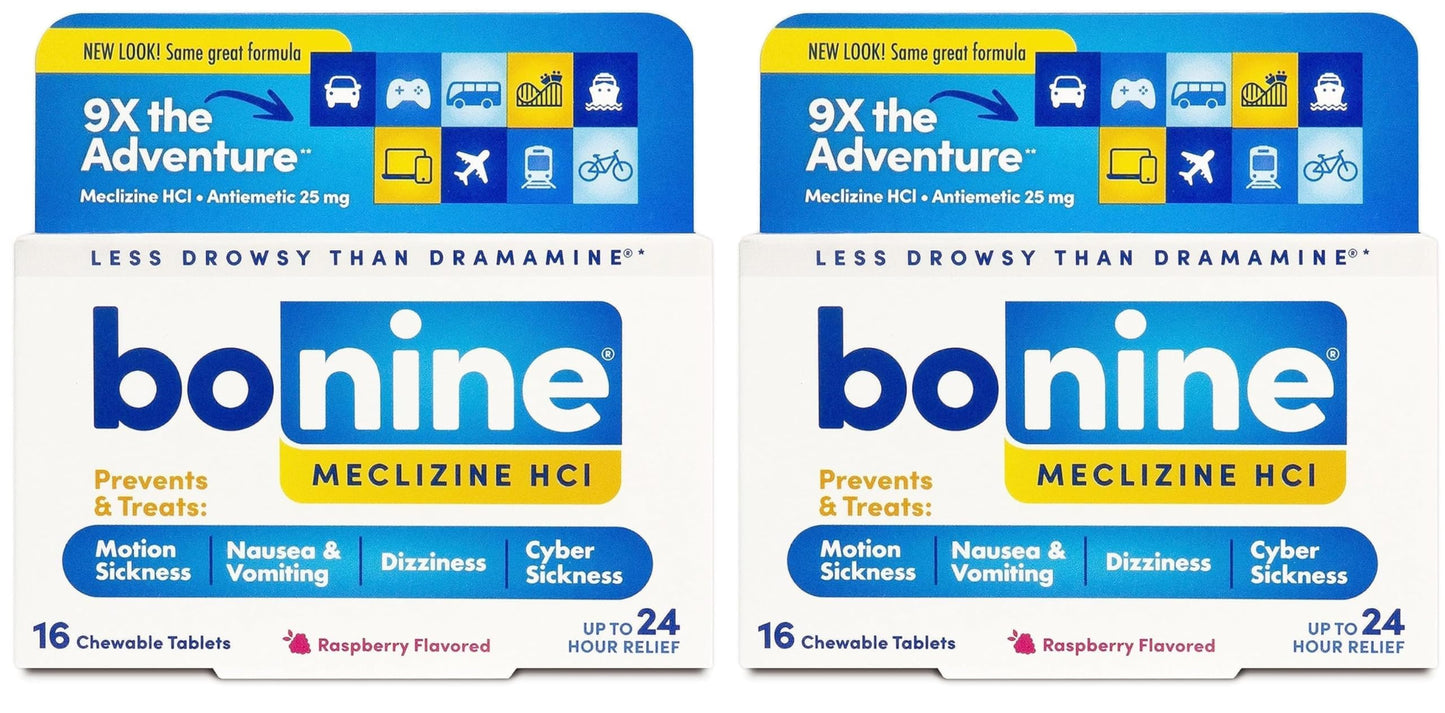 Bonine Non-Drowsy for Motion Sickness Relief, Sea Sickness, Car Sickness, Nausea and Vomiting, with Meclizine Hcl 25mg, Raspberry, Travel-Sized 16ct (Packaging May Vary) (Pack of 2)