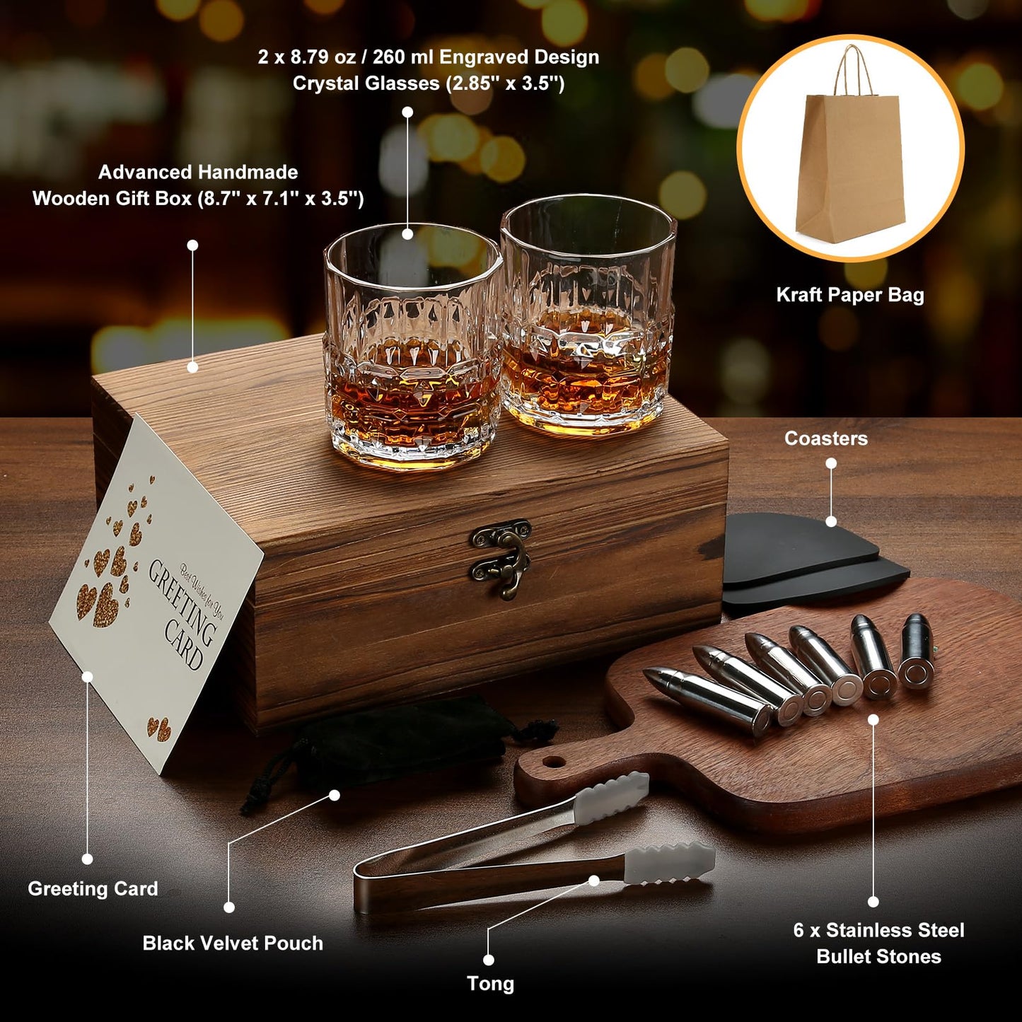 Gifts for Men Dad, Father's Day Anniversary Birthday Gifts Ideas for Him Husband Boyfriend, Stainless Steel Whiskey Stones and Whiskey Glasses Set, Unique Whiskey Bourbon Groomsman Gifts for Men Boss