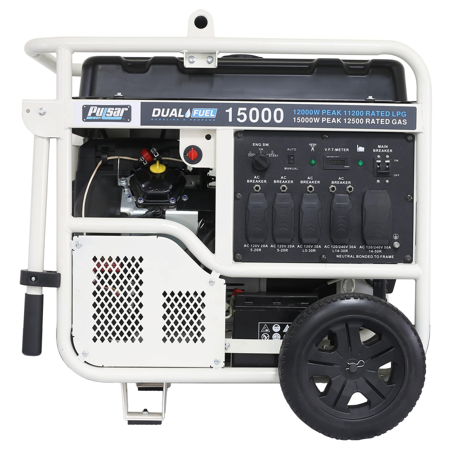 Pulsar PG15KVTWB 15,000W Dual Fuel Portable Generator, Gas or Propane, 713cc V-Twin Engine, Electric Start, 120V/240V, 50A Outlet
