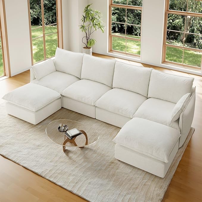 Forest aesthetics 124" U Shape Cloud Modular Sectional,Waterproof High Backrest 6 Seater Sectional Sofas,Down Filled Modular Couch with Removable Washable Cover for Living Room,Cream White