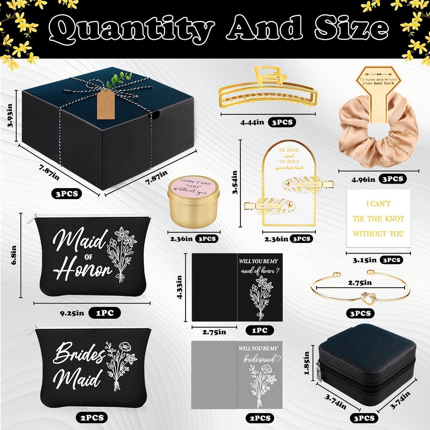 CITYCHALET 37Pcs Bridesmaid Gifts Set of 3 Black,Maid of Honor Proposal Gift Boxes Set,Cosmetic Bag Scented Candle Jewelry Box Metal Hair Clip Knot Bracelet Bachelorette Party Bridal Shower
