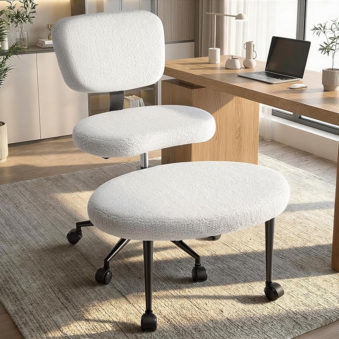 VITESSE Cross-Legged Ergonomic Chair 360° Swivel with Wheels, Adjustable Meditation Seat for ADHD, Lumbar Support, Teddy Fabric Home Office Chair,Off White