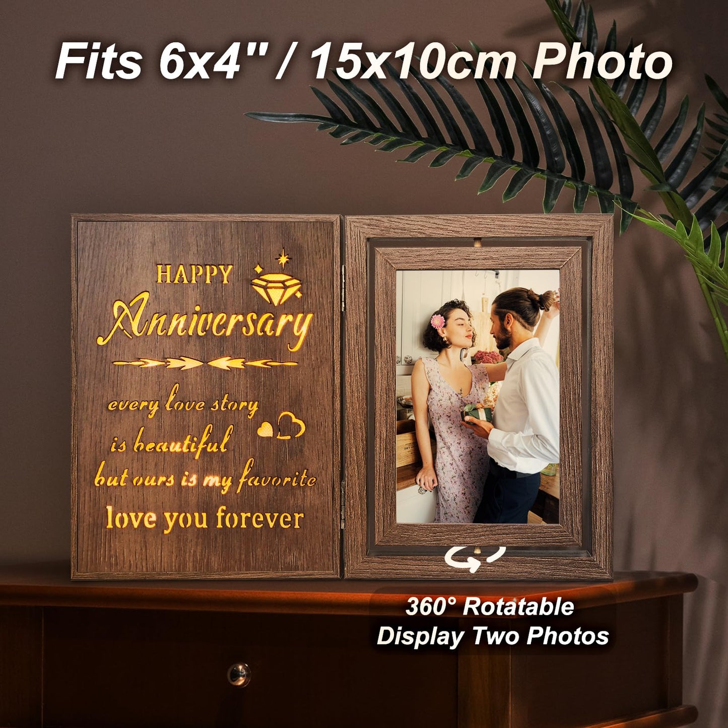 EYITUPC Light Up Anniversary Picture Frame Gifts for Women Men, Vintage Brown Rotating Wooden Glowing Photo Frame, Wedding Anniversary Frame Gifts for Her Him Wife Husband Couple - Holds 2 4x6 Photos
